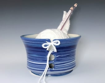Large Blue Ceramic Yarn Bowl, Blue and White Marbled Porcelain Knitting Bowl, Wheel Thrown Pottery Yarn Holder