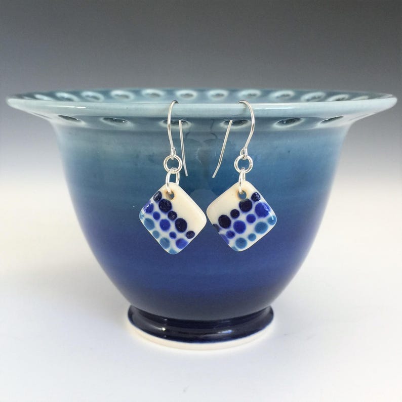 Porcelain Ceramic Earrings With Surgical Steel or Sterling Silver Ear Wires Small Blue Polka Dot Earrings