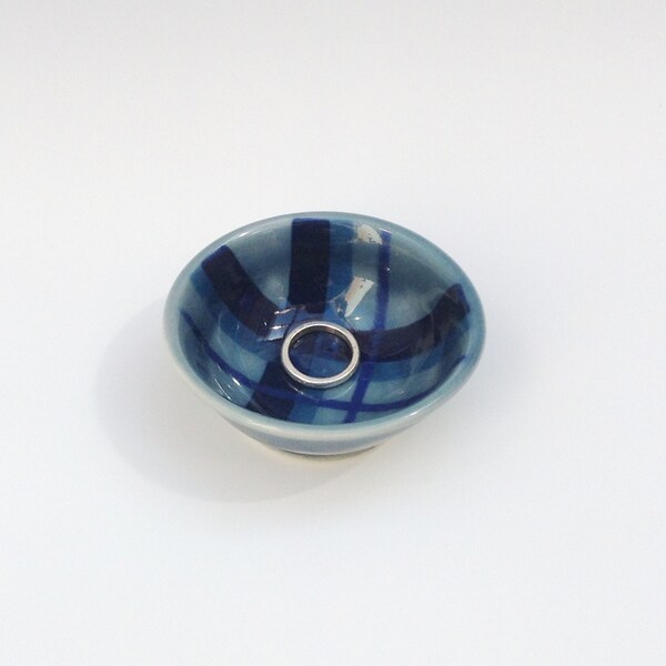 Blue Plaid Sauce Bowl, Porcelain Soy Sauce Dish, Small Blue Bowl, Ceramic Ring Holder, Small Ceramic Bowl, Wheel Thrown Pottery Bowl