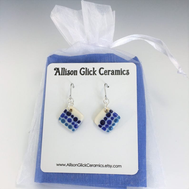 Porcelain Ceramic Earrings With Surgical Steel or Sterling Silver Ear Wires Small Blue Polka Dot Earrings