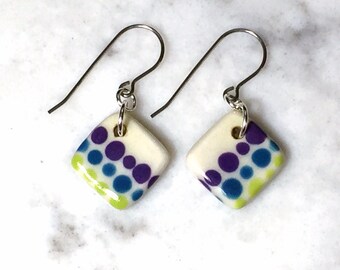 Small Porcelain Drop Earrings, Handmade Ceramic Earrings, Multi Color Pottery Earrings, Surgical Steel or Sterling Ear Wires