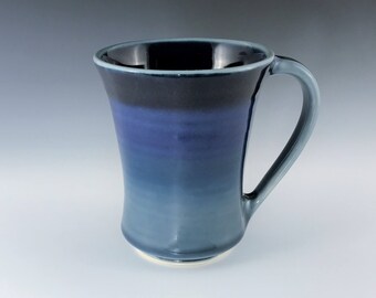 Blue Ceramic Coffee Mug, Large Porcelain Coffee Cup, Ombré Blue Wheel Thrown Pottery Tea Mug