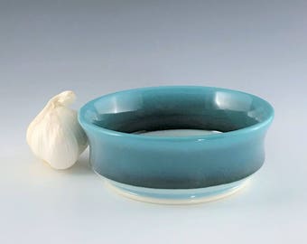 Teal Garlic Grater Bowl, Porcelain Oil Dipping Bowl, Ceramic Garlic Bowl, Wheel Thrown Pottery Garlic Bowl