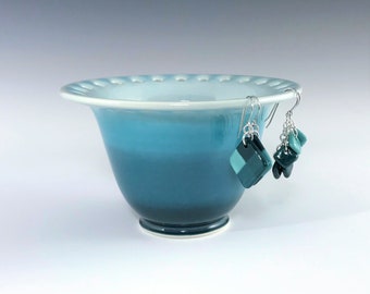 Ceramic Earring Holder, Teal Earring Bowl, Porcelain Jewelry Holder, Pottery Earring Dish