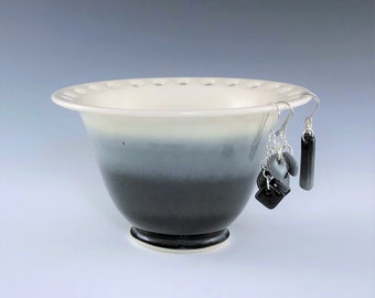 Ceramic Earring Bowl, Gray, Black White Earring Holder, Porcelain Pottery Jewelry Bowl