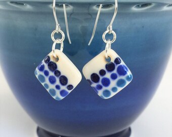 Small Blue Polka Dot Earrings, Porcelain Ceramic Earrings With Surgical Steel or Sterling Silver Ear Wires