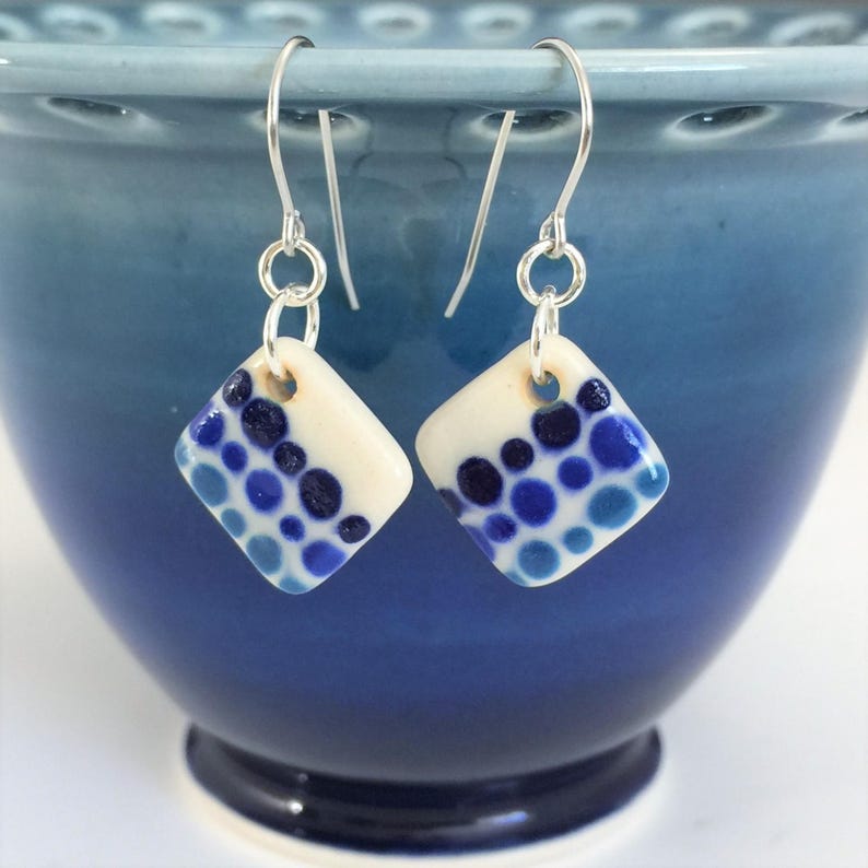 Porcelain Ceramic Earrings With Surgical Steel or Sterling Silver Ear Wires Small Blue Polka Dot Earrings
