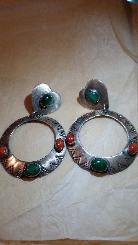 Sterling vintage earrings with malachite and coral