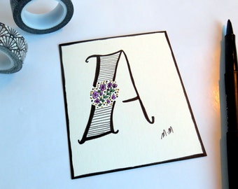Hand lettering - Monogram- Initial with flowers - Black and colored initial - for friend - New born - gift - handmade with love Initial