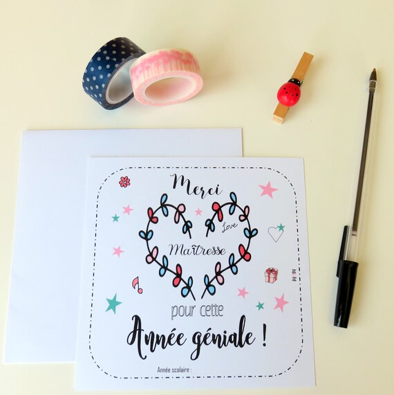 Carte Merci Maitresse Carte Pour La Maitresse Carte Coeur Etsy