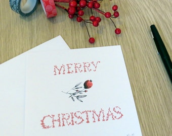 Christmas cards-Red white and black-Christmas Traditions-Gift card-Greeting cards-Merry Christmas-Joyeux Noël-Red berries-Laurel and flower