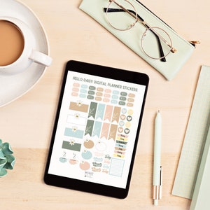 May include: A digital planner sticker sheet with a light blue, green, and brown color scheme. The sheet features various stickers, including daisies, hearts, cups of coffee, and the words "Today", "Weekend", and "Hello Daisy Digital Planner Stickers".
