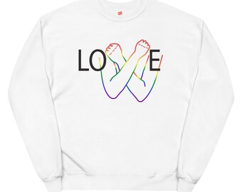 Unisex Rainbow LOVE fleece sweatshirt, ASL, sign language, ASL and English, bilingual, all sizes, in white