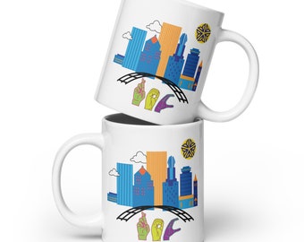 Rochester NY skyline, ROC fingerspelled, both sides, white glossy mug