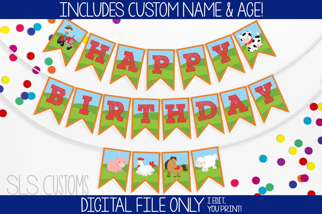 Farm Themed Printable Birthday Banner Includes Birthday Year &amp; CUSTOM ...