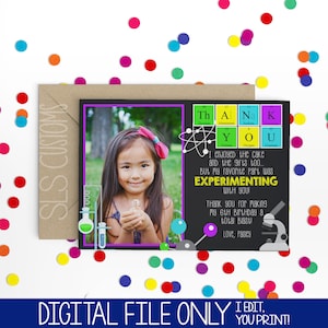 ¡Tarjetas de agradecimiento de cumpleaños imprimibles con temática de ciencia, científicos y experimentos! Tamaño 4 x 6 o 5 x 7, ¡perfectas para cualquier cumpleaños!