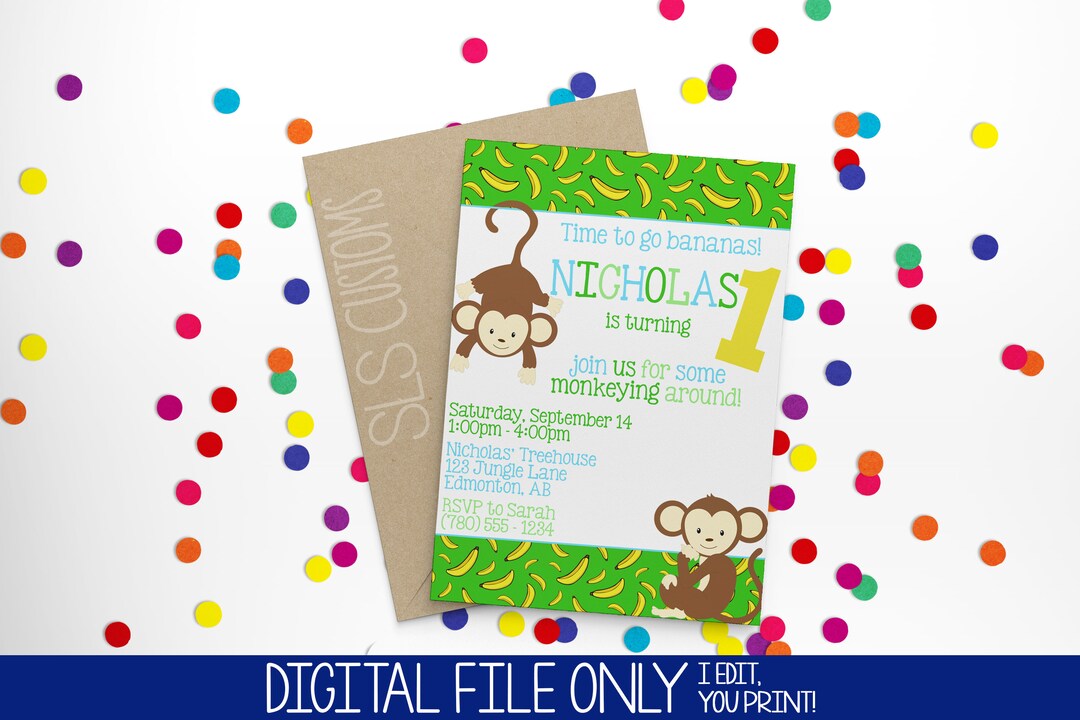 Monkey Themed Printable Birthday Invitations 4x6 or 5x7 Inches With ...