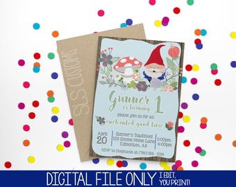 Garden Gnome Themed Printable Birthday Invitations! 4x6 or 5x7 inches with Customized Text  Perfect for Any Birthday!