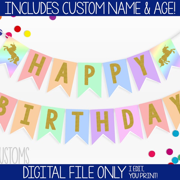 Rainbow Unicorn Themed Printable Birthday Banner! Includes Birthday Year & CUSTOM NAME! Perfect for Any Birthday!