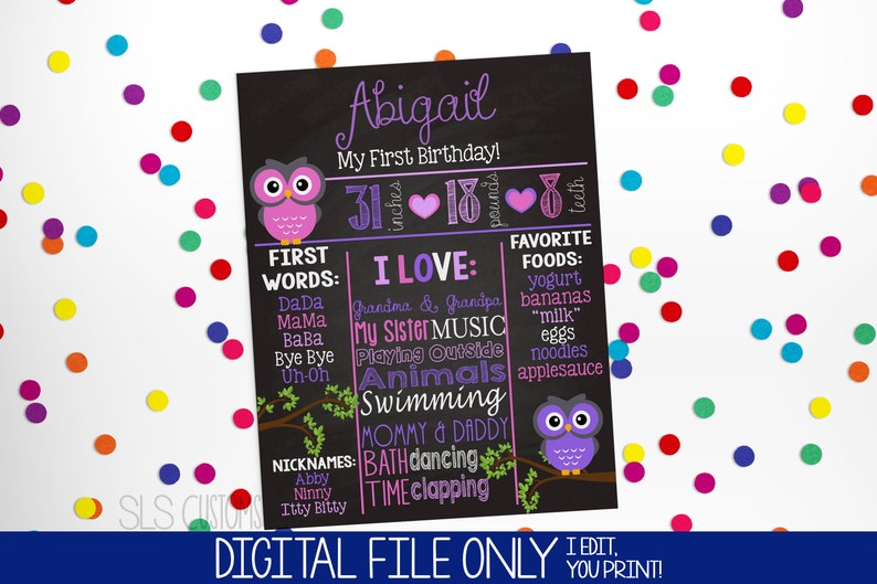 Pink And Purple OwlsThemed Printable Chalkboard Sign Perfect for Birthday/'s at Any Age Different Sizes available