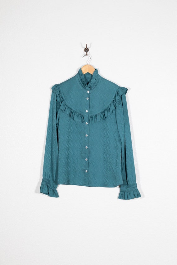 Vintage Silk Teal Blue Ruffle Blouse / Pirate Blou