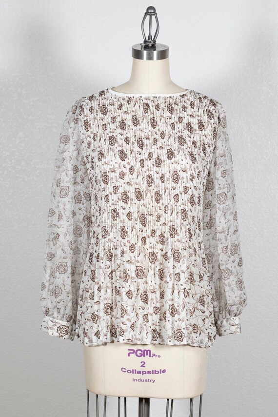 Japanese Vintage Sheer Puff Sleeve Floral Blouse … - image 2