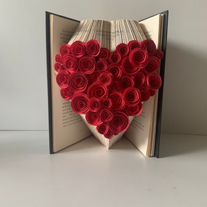 Folded Book Art - Heart Sculpture - Red Paper Flowers - Anniversary Gift - 1st Anniversary - Unique Book Art - Love Romantic - Book Lover