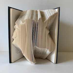 Op de afbeelding: Een boekkunst sculptuur van een witte vogel met gespreide vleugels, gemaakt door de pagina's van een boek te vouwen. Het boek is in zwart gebonden en de pagina's zijn gevouwen tot een 3D-vorm.