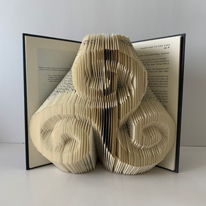 Può includere: Un libro con le pagine piegate in una scultura tridimensionale a forma di cuore. Il libro è aperto e la scultura si trova al centro delle pagine aperte. Il libro è intitolato "Guardians of the Lost".