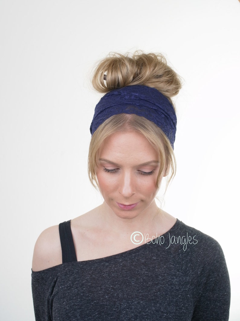 Navy Blue Lace Headband Wide Lace Stretchy Headband Hairband Etsy