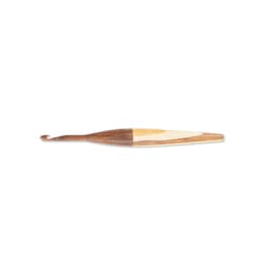 May include: A wooden crochet hook with a brown and light wood handle.