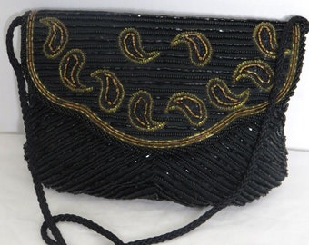 La Regale Ltd. Vintage Black Beaded Hand Made Evening Clutch Bag 7.5" x 6"