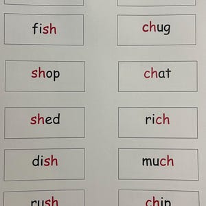May include: A worksheet with two columns of words. The words in the left column all start with the letter combination "sh" and the words in the right column all start with the letter combination "ch".
