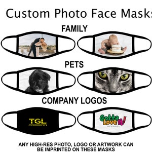 May include: Six different face masks with customizable designs. The masks are black with white fabric inserts. The designs include a couple kissing, a baby eating cake, a puppy, a cat's face, a company logo, and a logo with the text "Gotta Love It! Apparel".