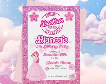 Pink Sparkle Birthday Invitation, Doll Invitation template, Princess Themed Decor, Girl's Editable Invite