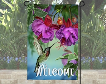 Hummingbird Welcome garden flag 12" x 18". Double Sided polyester flag