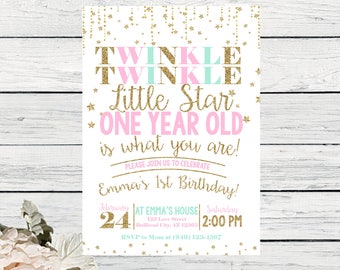 Twinkle Twinkle Little Star First Birthday Invite Pink, Mint and Gold Glitter ***Digital File*** (Twnkle-StarOne MintPink)