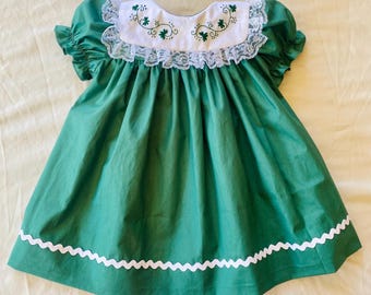 Handmade Green St. Patrick’s Day Dress for Baby Toddler Girl. Lacy Hand Embroidered Shamrock Party Dress. Photoshoot. Made to Order.