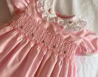 Gorgeous Pink Hand Smocked Dress for Baby and Toddler Girl with White Eyelet and Pearls. Made to Order.