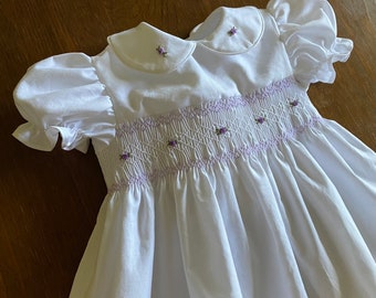 White and Lavender Purple Hand Smocked Dress for Baby and Toddler Girl. Baptism. Special Occasion. Made to Order.