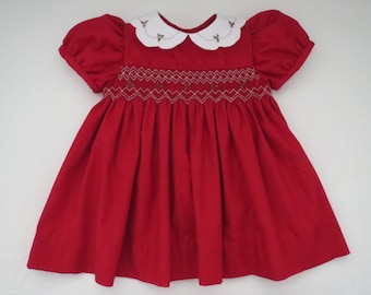 Adorable Red and White Christmas Dress for Baby Girl. Hand Smocked and Holly Embroidery. Short Sleeve.