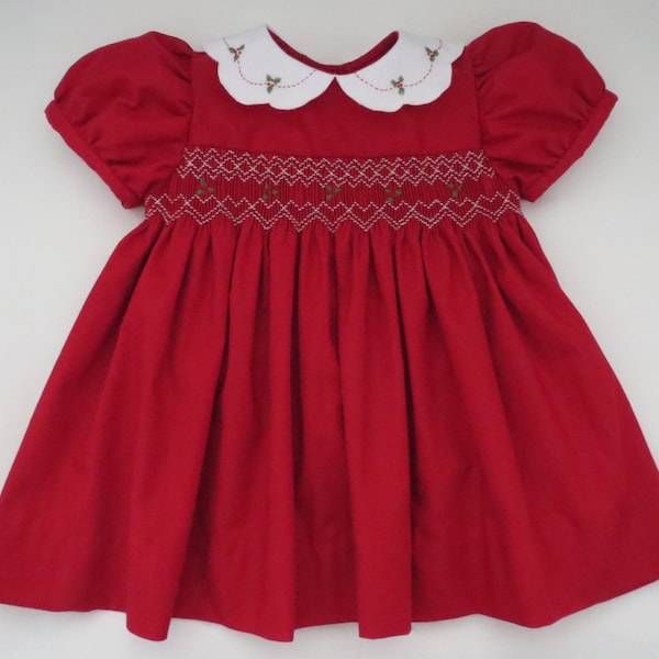 Adorable Red and White Christmas Dress for Baby Girl. Hand Smocked and Holly Embroidery. Short Sleeve.