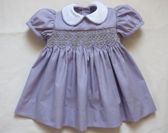 Lilac Lavender and White Hand Smocked Classic Dress for Baby Girl. Toddler Girl. Purple.