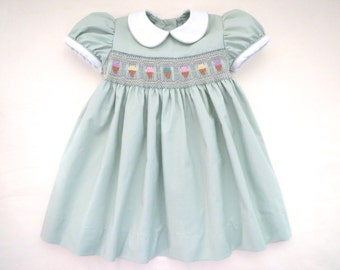 Mint Green Hand Smocked Ice Cream Cone Dress. Birthday Party. Made to Order.