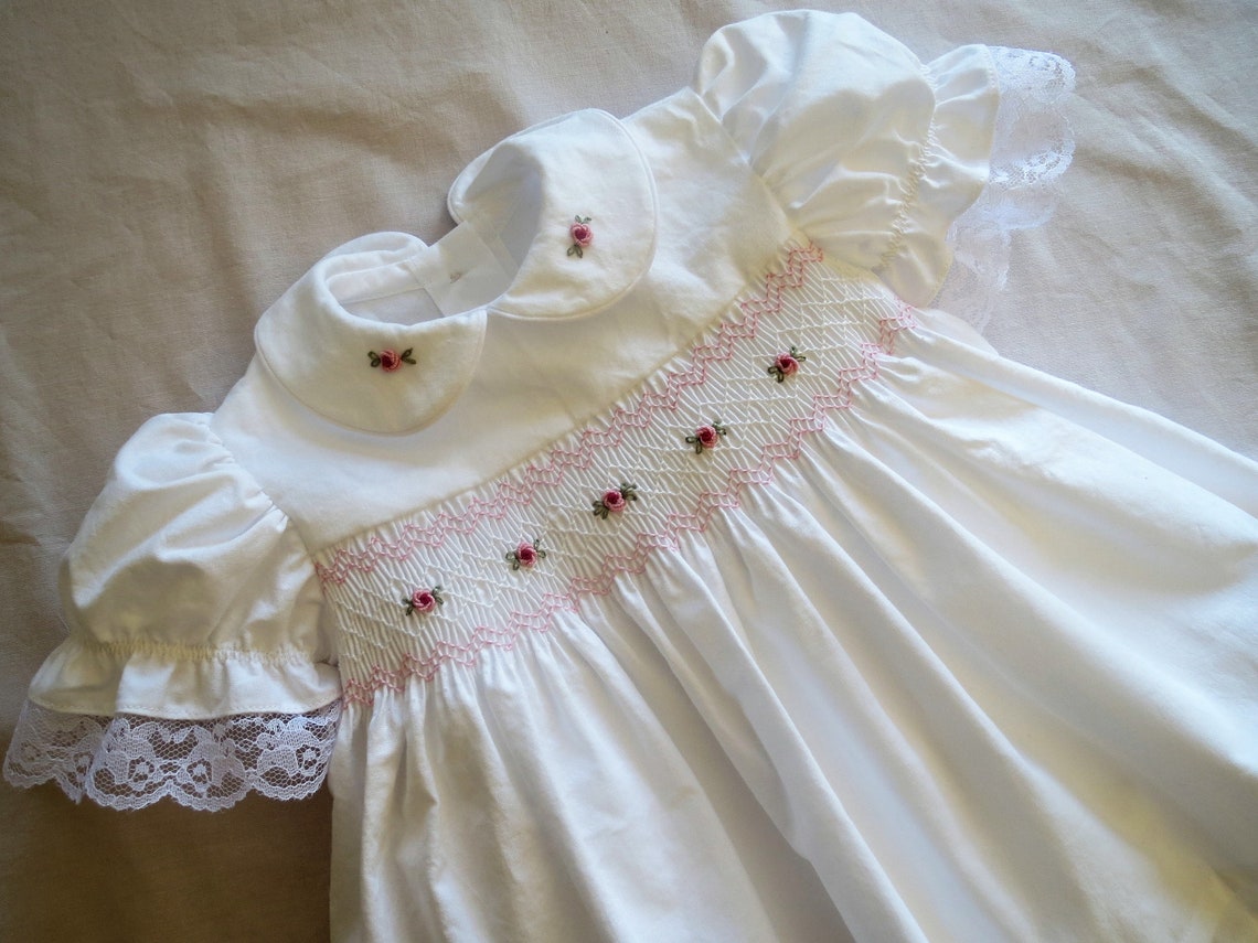 Hand Smocked White and Pink Swiss Dot Baby Girl Dress With Headband and Pant