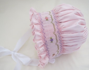 Adorable Hand Smocked Soft Pink, Lavender and Green Easter Bonnet for Baby Girl. Toddler Girl.