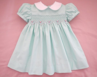 Sweet Mint Green Teal, Pink and White Classic Hand Smocked Dress for Baby Girl. Made to Order.