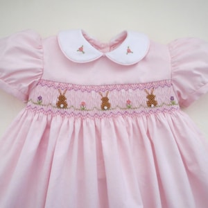 Adorable Hand Smocked Soft Pink Easter Bunny Dress for Baby Girl. Toddler Girl.