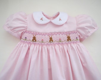Adorable Hand Smocked Soft Pink Easter Bunny Dress for Baby Girl. Toddler Girl.