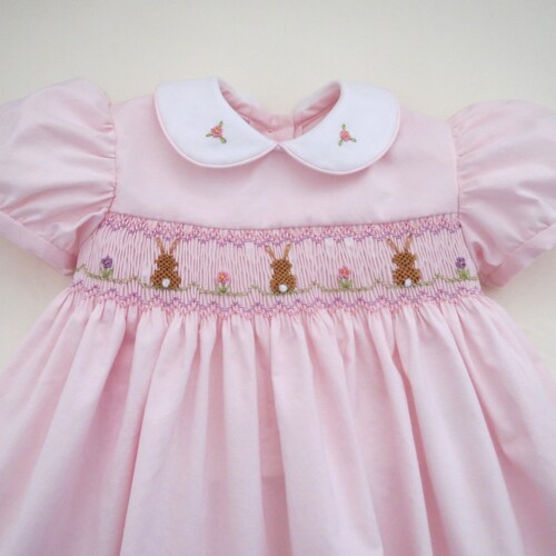 Petit Bebe Girls Pink Micro Check Dress - Smocked White Bunnies main image 0